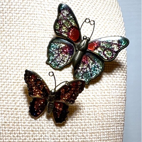 Butterfly Brooch Pin Set of 2 Multicolor Glitter Enamel Beautiful - Picture 2 of 10